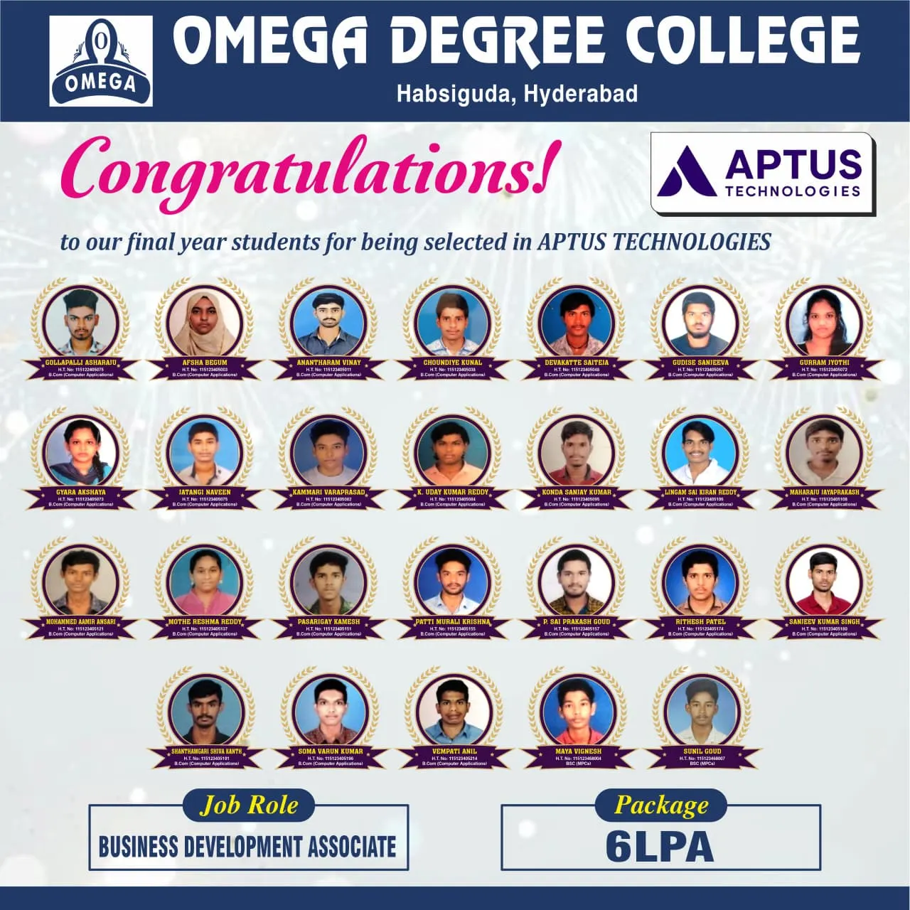Final-year students placed at Aptus Technologies with 6 LPA package - Omega Degree College