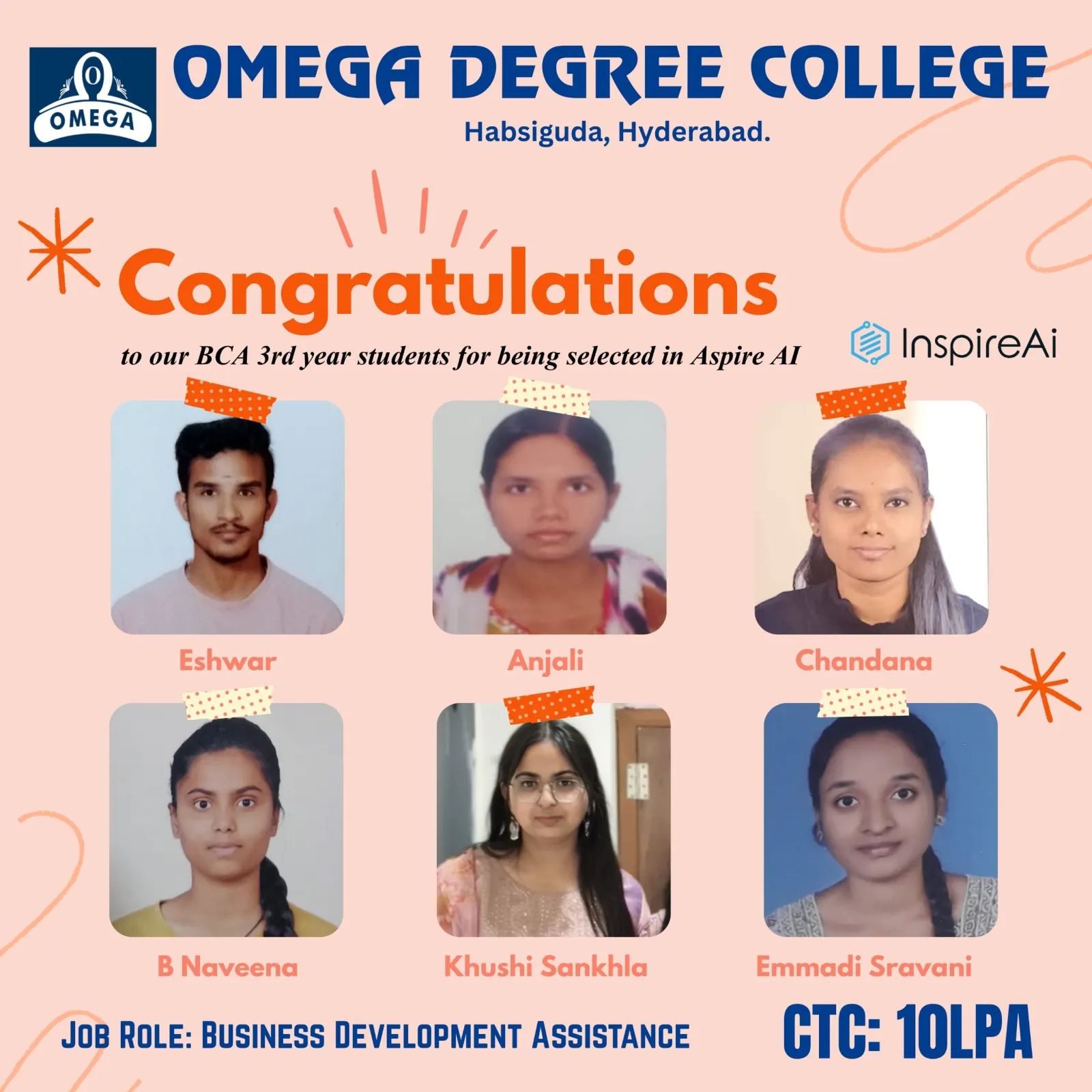 BCA students placed at Inspire AI with 10 LPA CTC - Omega Degree College
