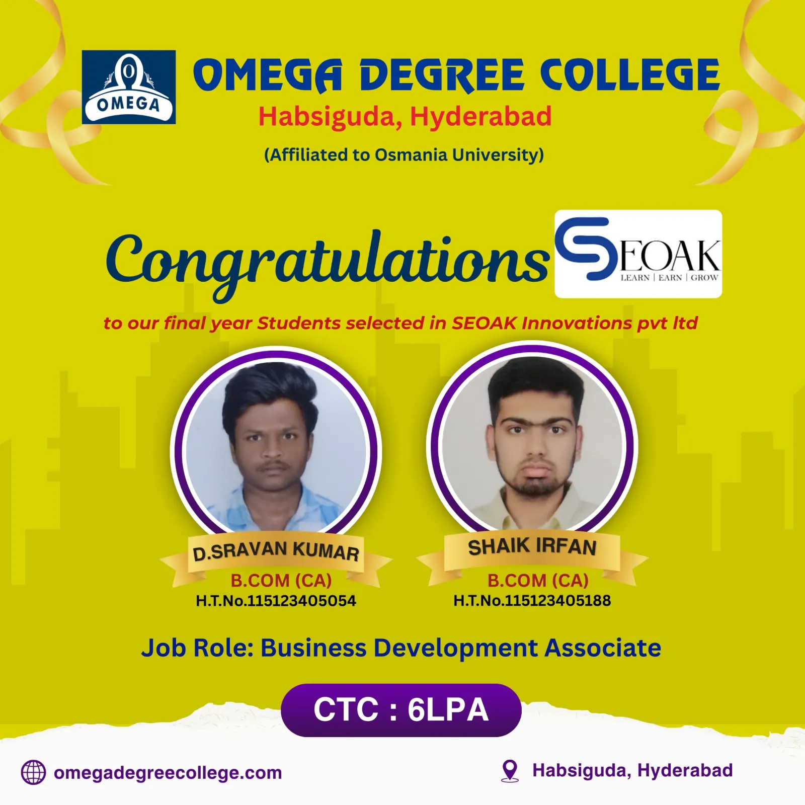 Final-year students placed at SEOAK Innovations with 6 LPA CTC - Omega Degree College