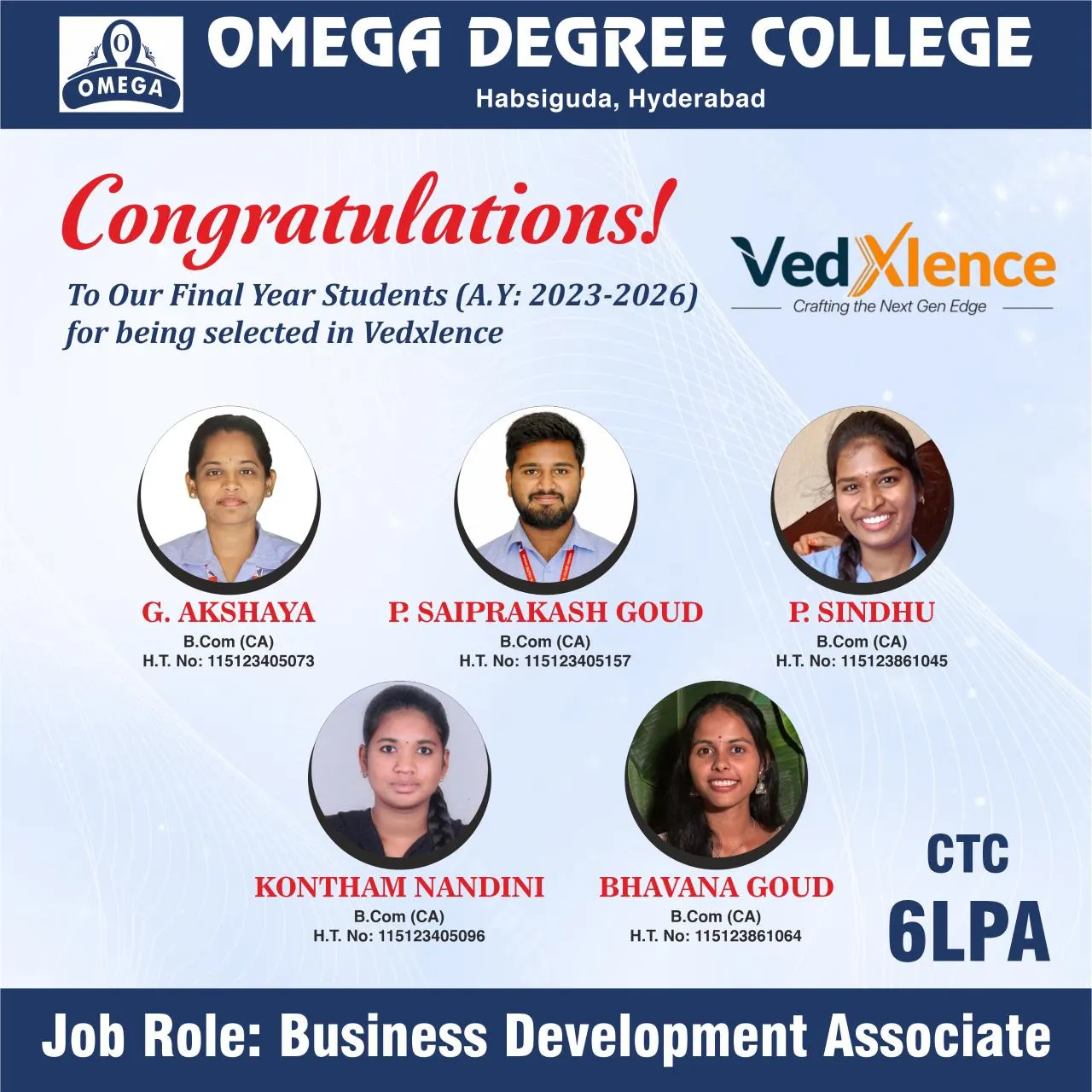 Final-year students placed at VedXlence with 6 LPA CTC - Omega Degree College